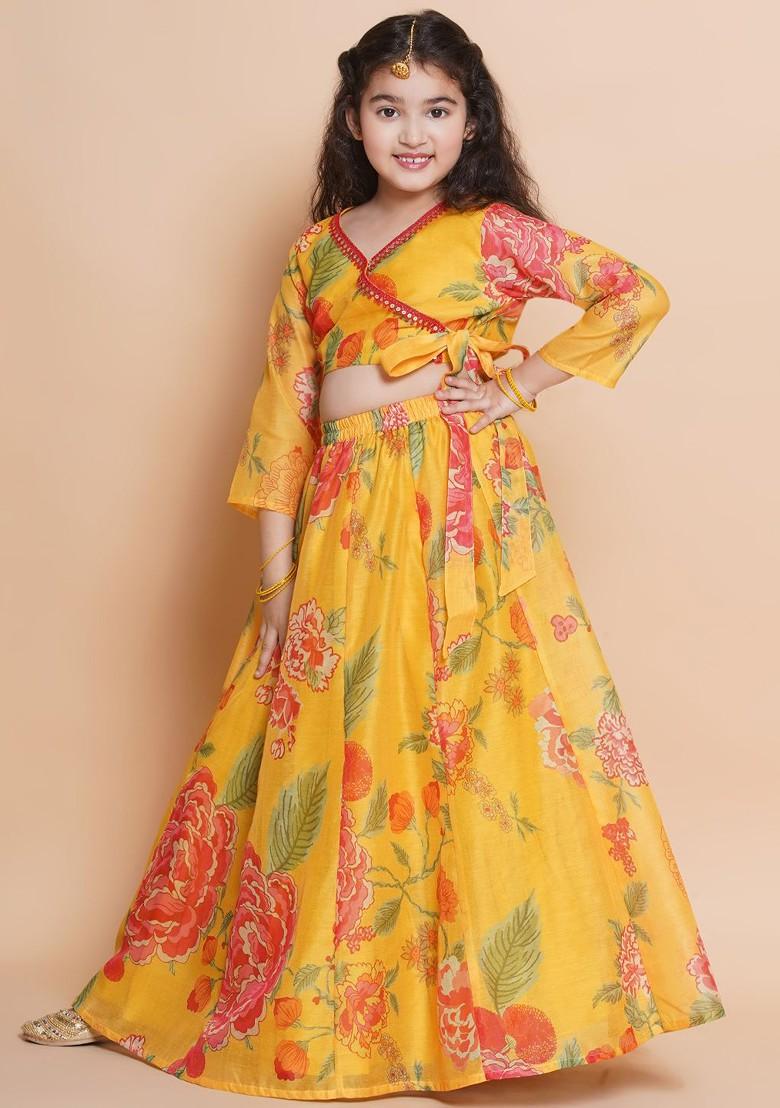 Yellow Printed Blended Lehenga Choli For Girls - Indya