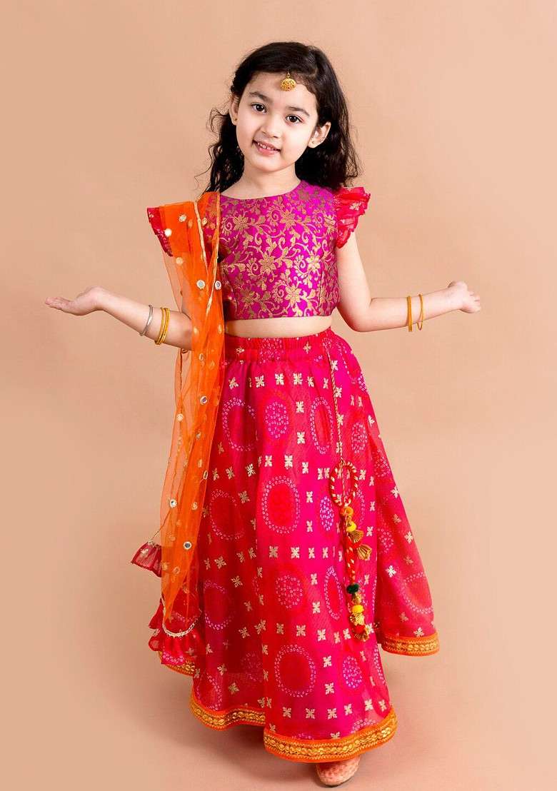 Pink Embroidered Blended Lehenga Choli For Girls - Indya