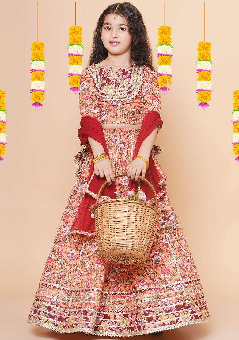 Peach Printed Blended Lehenga Choli For Girls - Indya