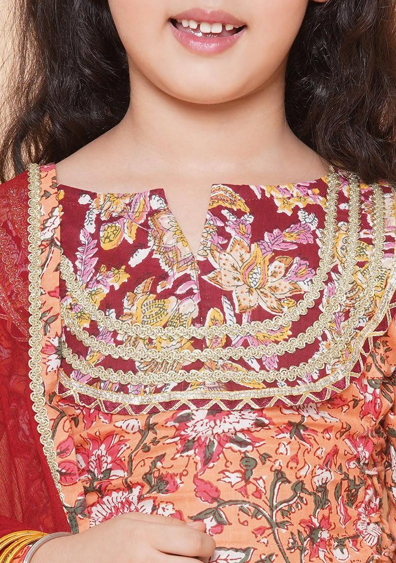 Peach Printed Blended Lehenga Choli For Girls - Indya
