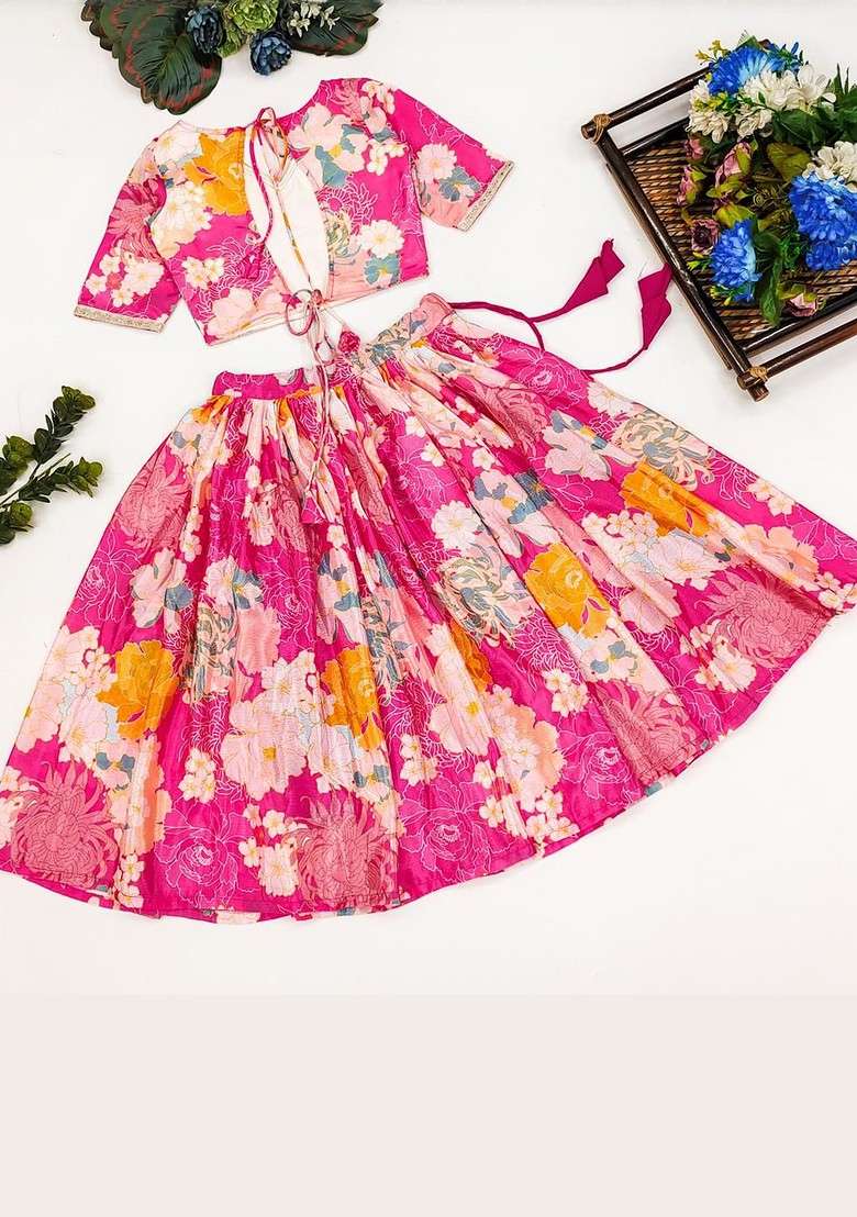 Pink Embroidered Silk Lehenga Choli For Girls - Indya