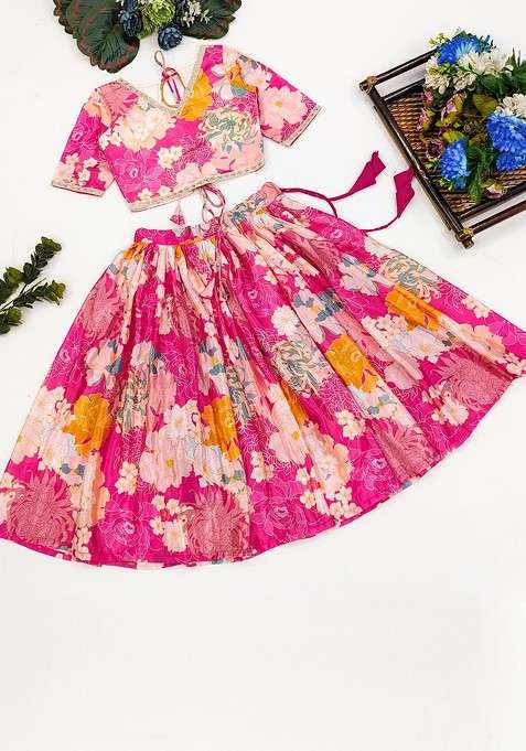Pink Embroidered Silk Lehenga Choli For Girls