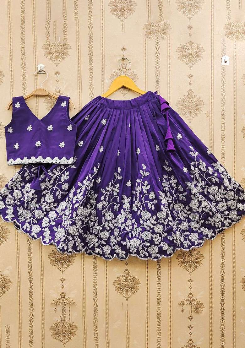 Violet Embroidered Silk Lehenga Choli For Girls - Indya