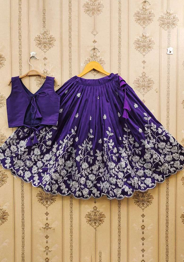 Violet Embroidered Silk Lehenga Choli For Girls - Indya