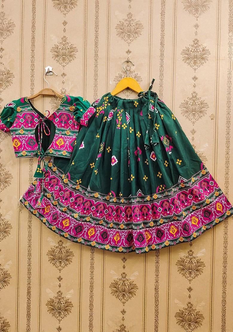 Green Printed Blended Lehenga Choli For Girls - Indya