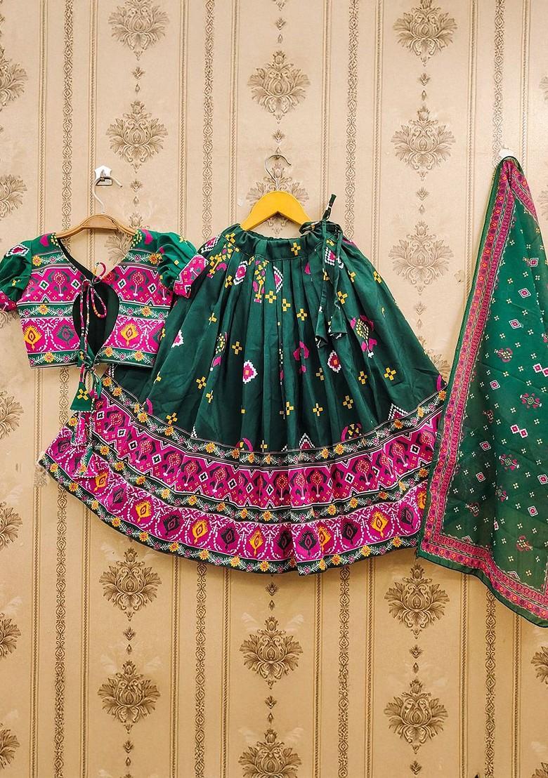 Green Printed Blended Lehenga Choli For Girls - Indya