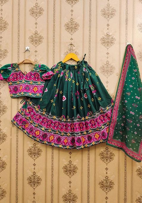 Green Printed Blended Lehenga Choli For Girls