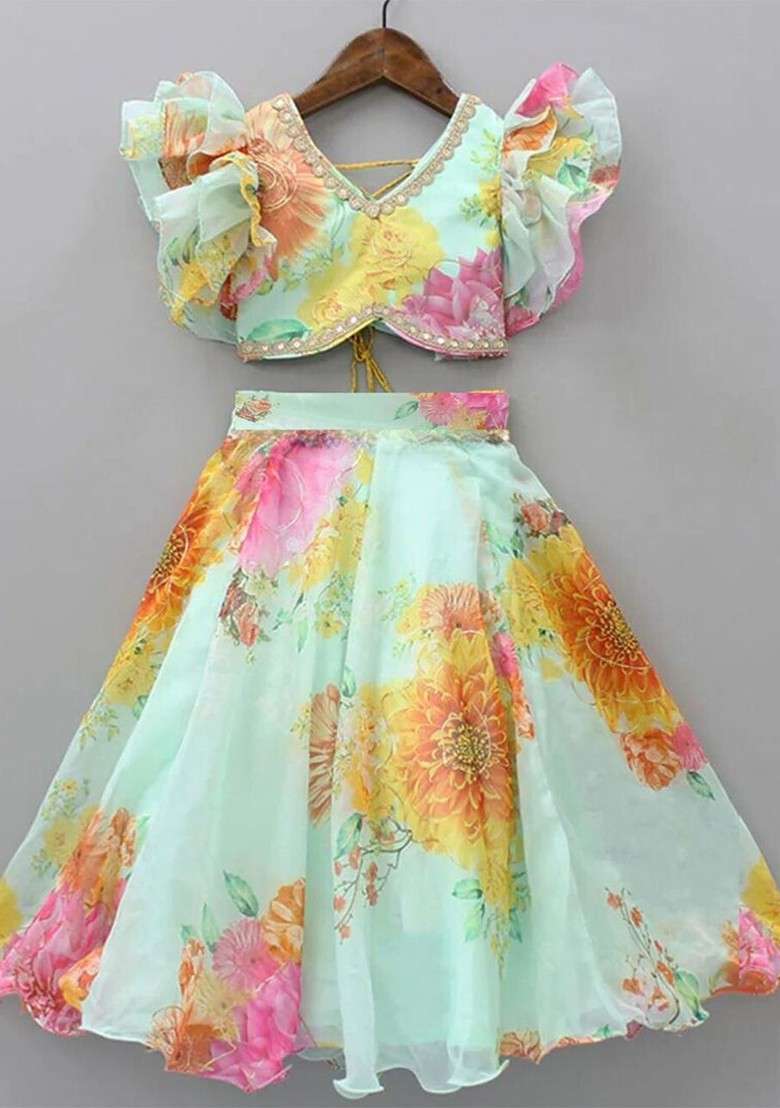 Blue Printed Blended Lehenga Choli For Girls - Indya