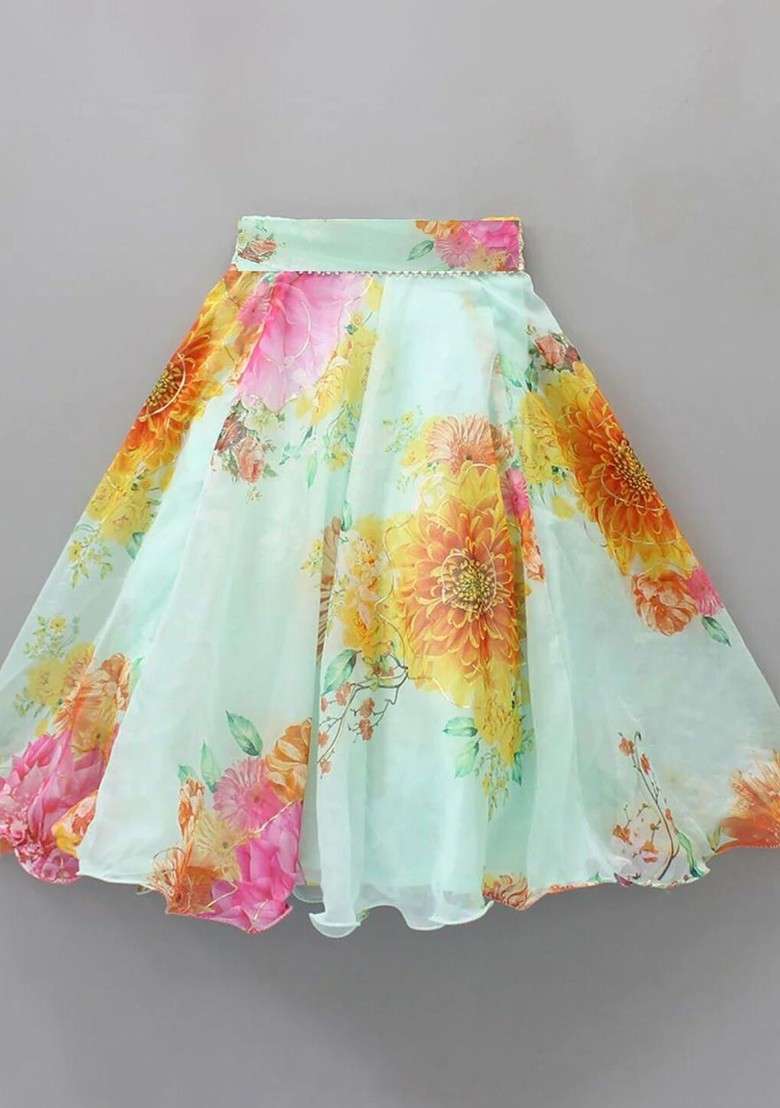 Blue Printed Blended Lehenga Choli For Girls - Indya