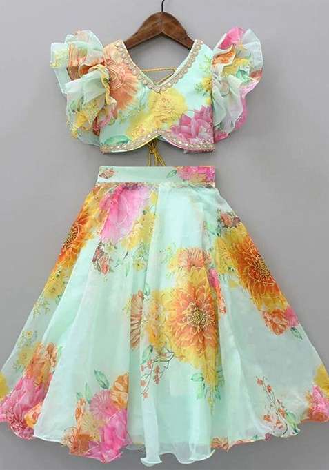 Blue Printed Blended Lehenga Choli For Girls