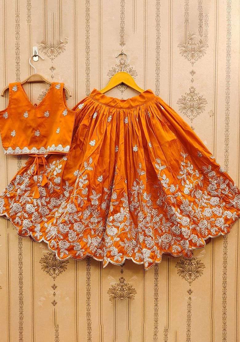 Orange Embroidered Blended Lehenga Choli For Girls - Indya