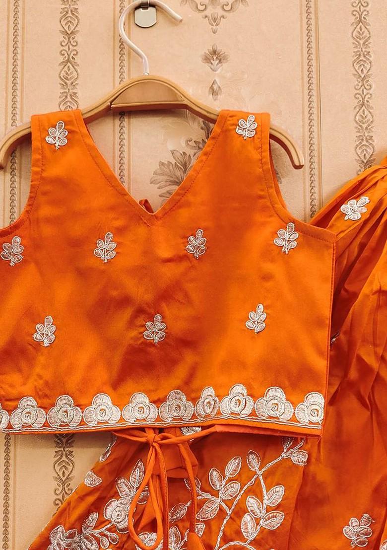 Orange Embroidered Blended Lehenga Choli For Girls - Indya