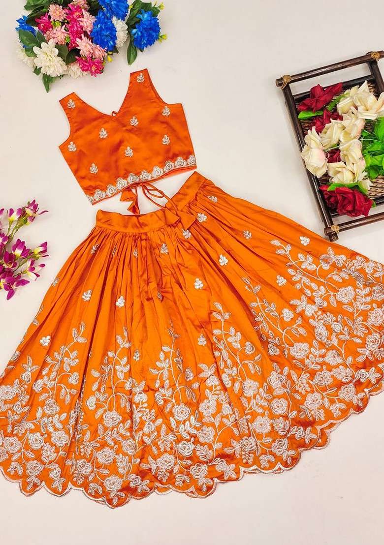 Orange Embroidered Blended Lehenga Choli For Girls - Indya