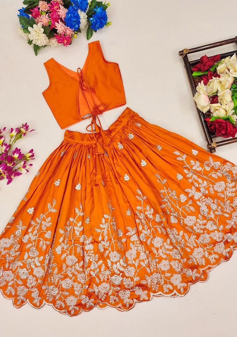 Orange Embroidered Blended Lehenga Choli For Girls - Indya