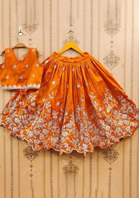 Orange Embroidered Blended Lehenga Choli For Girls