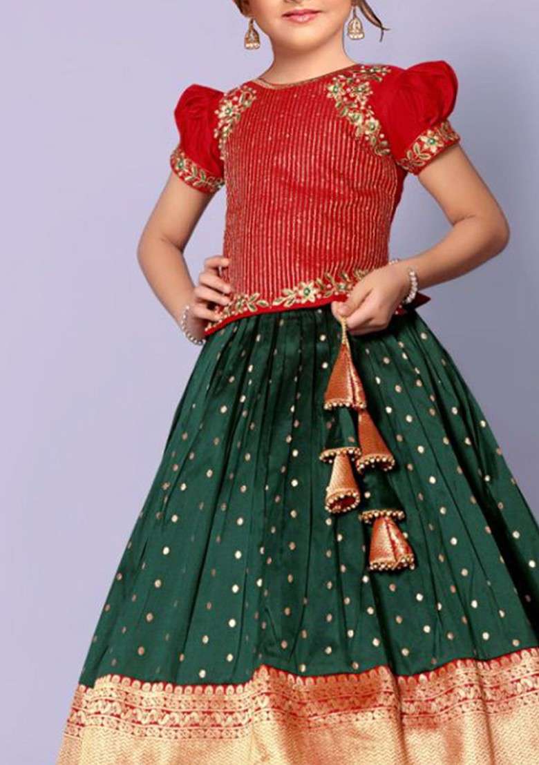 Red Embroidered Blended Lehenga Choli For Girls - Indya