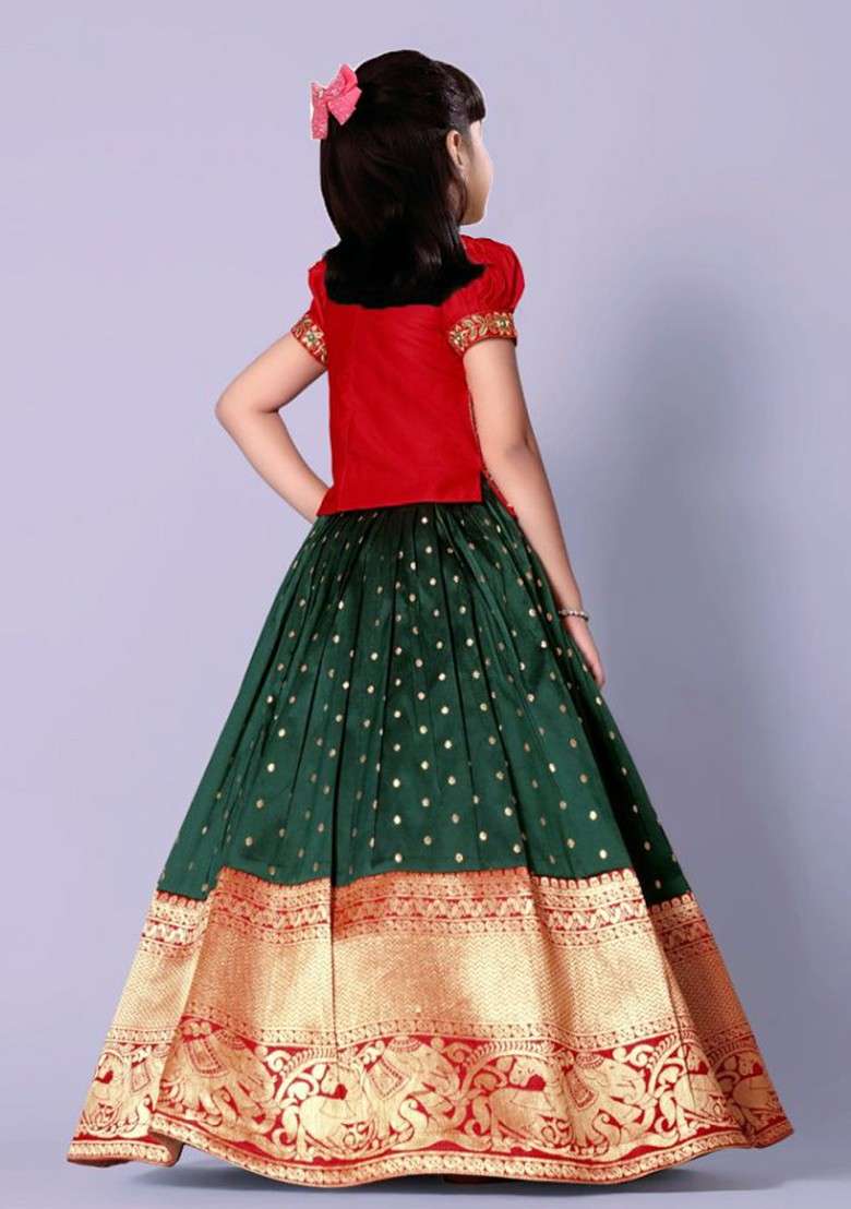 Red Embroidered Blended Lehenga Choli For Girls - Indya