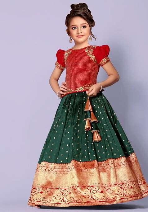 Red Embroidered Blended Lehenga Choli For Girls