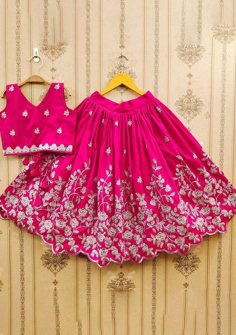 Pink Embroidered Blended Lehenga Choli For Girls - Indya