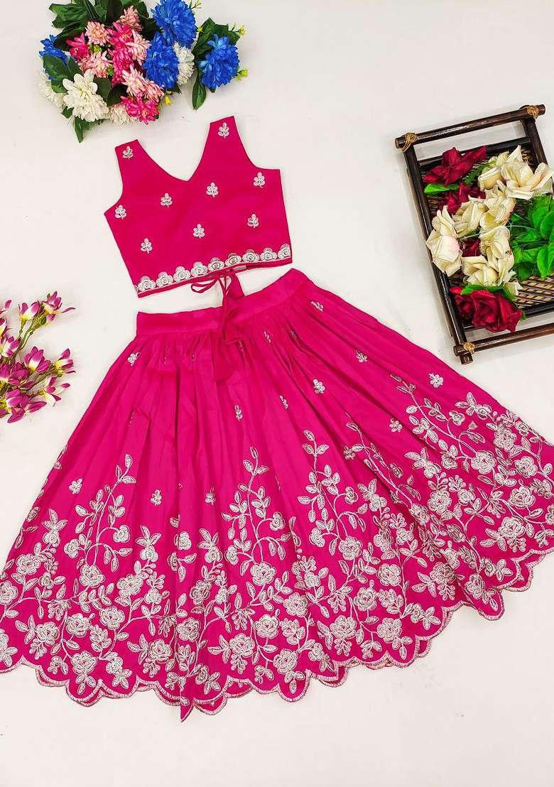 Pink Embroidered Blended Lehenga Choli For Girls - Indya