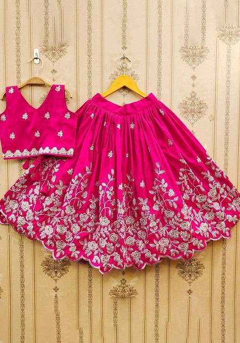 Pink Embroidered Blended Lehenga Choli For Girls