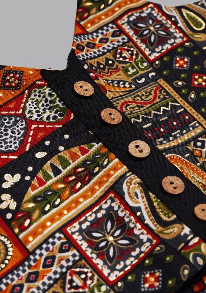 Black Printed Blended Lehenga Choli For Girls - Indya