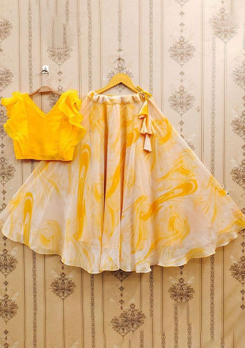 Yellow Printed Georgette Lehenga Choli For Girls - Indya