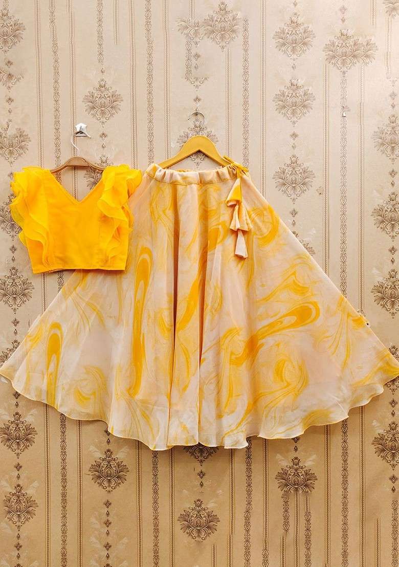 Yellow Printed Georgette Lehenga Choli For Girls - Indya