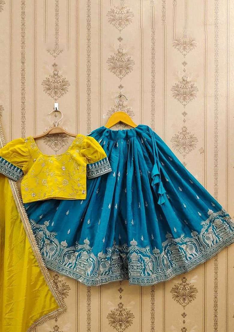 Mustard Embroidered Blended Lehenga Choli For Girls - Indya