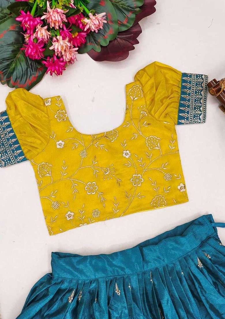 Mustard Embroidered Blended Lehenga Choli For Girls - Indya