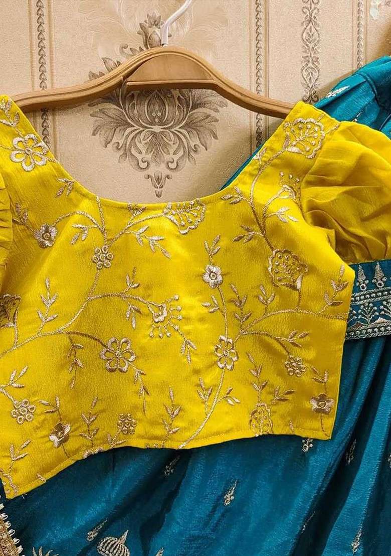 Mustard Embroidered Blended Lehenga Choli For Girls - Indya