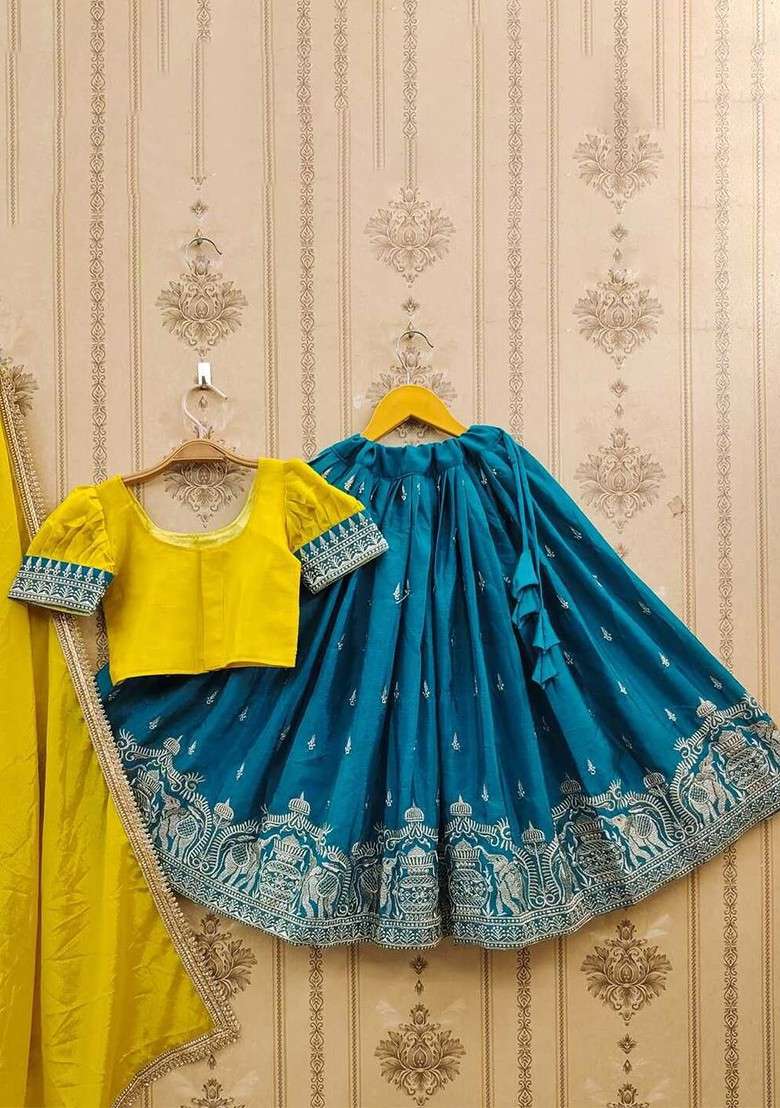 Mustard Embroidered Blended Lehenga Choli For Girls - Indya