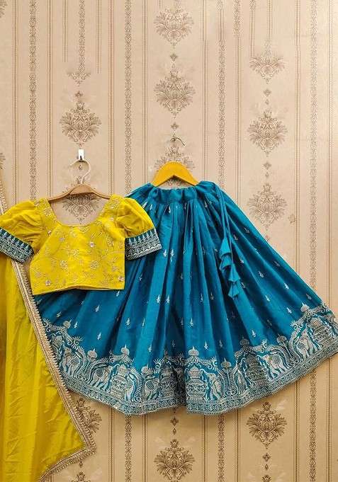 Mustard Embroidered Blended Lehenga Choli For Girls