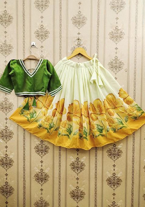 Cream Embroidered Blended Lehenga Choli For Girls