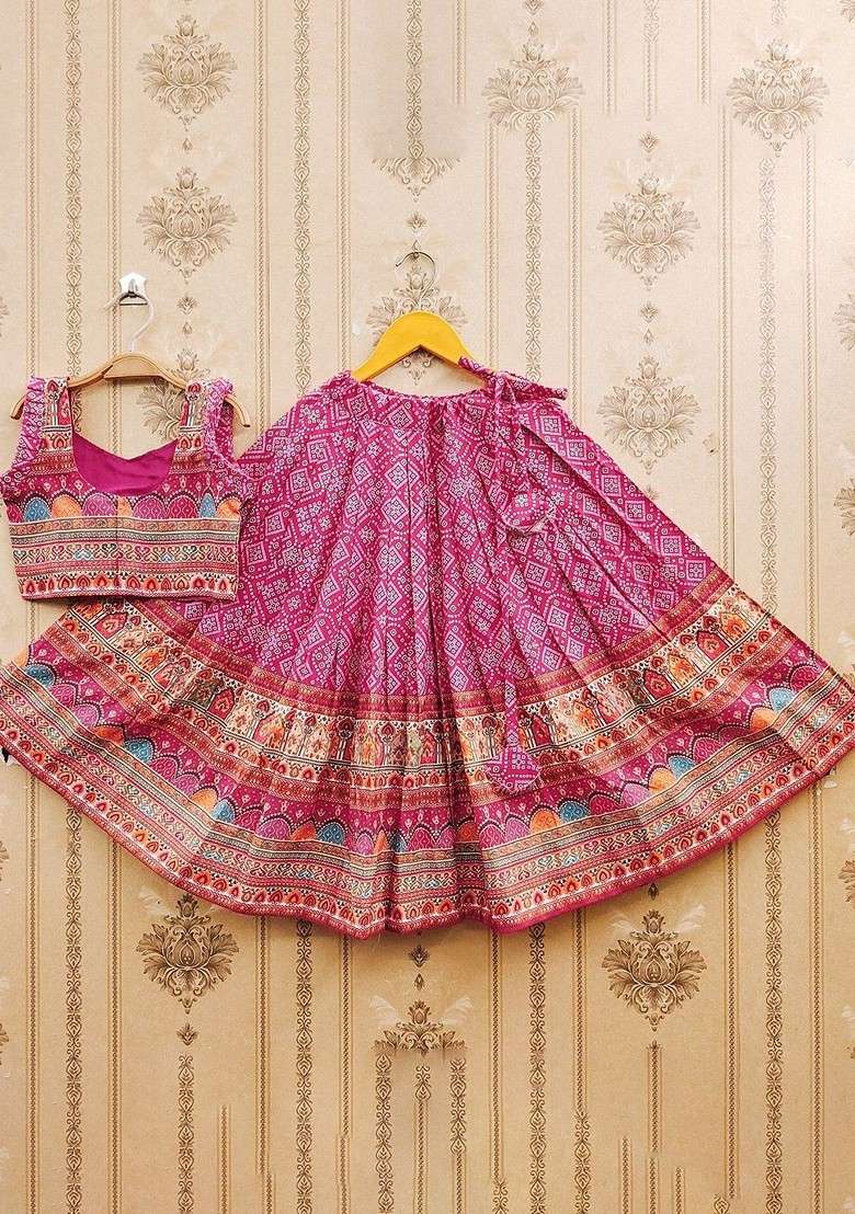 Pink Printed Blended Lehenga Choli For Girls - Indya