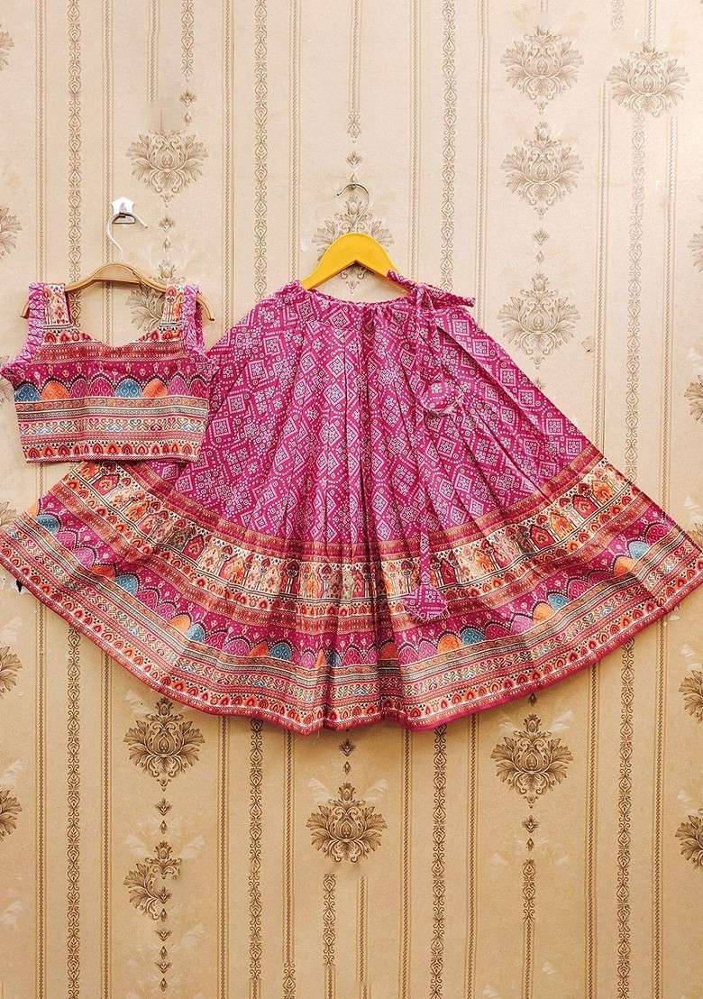 Pink Printed Blended Lehenga Choli For Girls - Indya