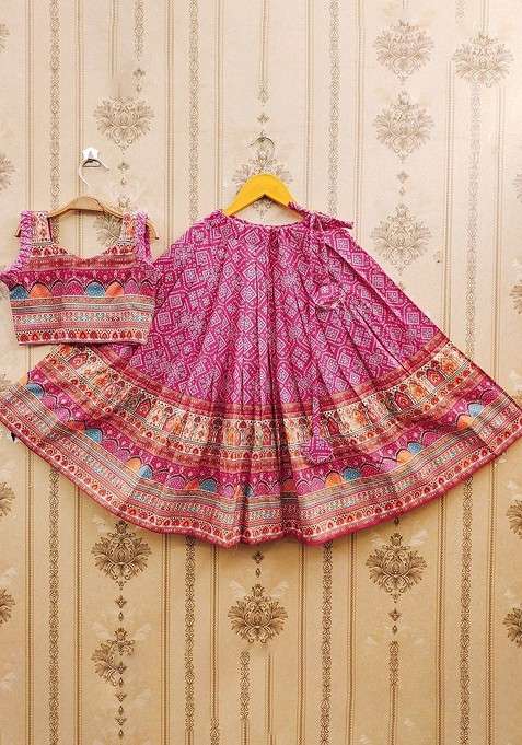 Pink Printed Blended Lehenga Choli For Girls