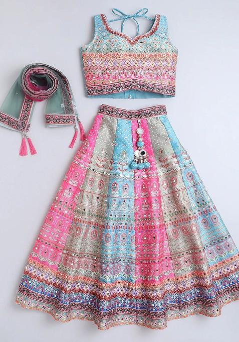 Blue Printed Silk Lehenga Choli For Girls