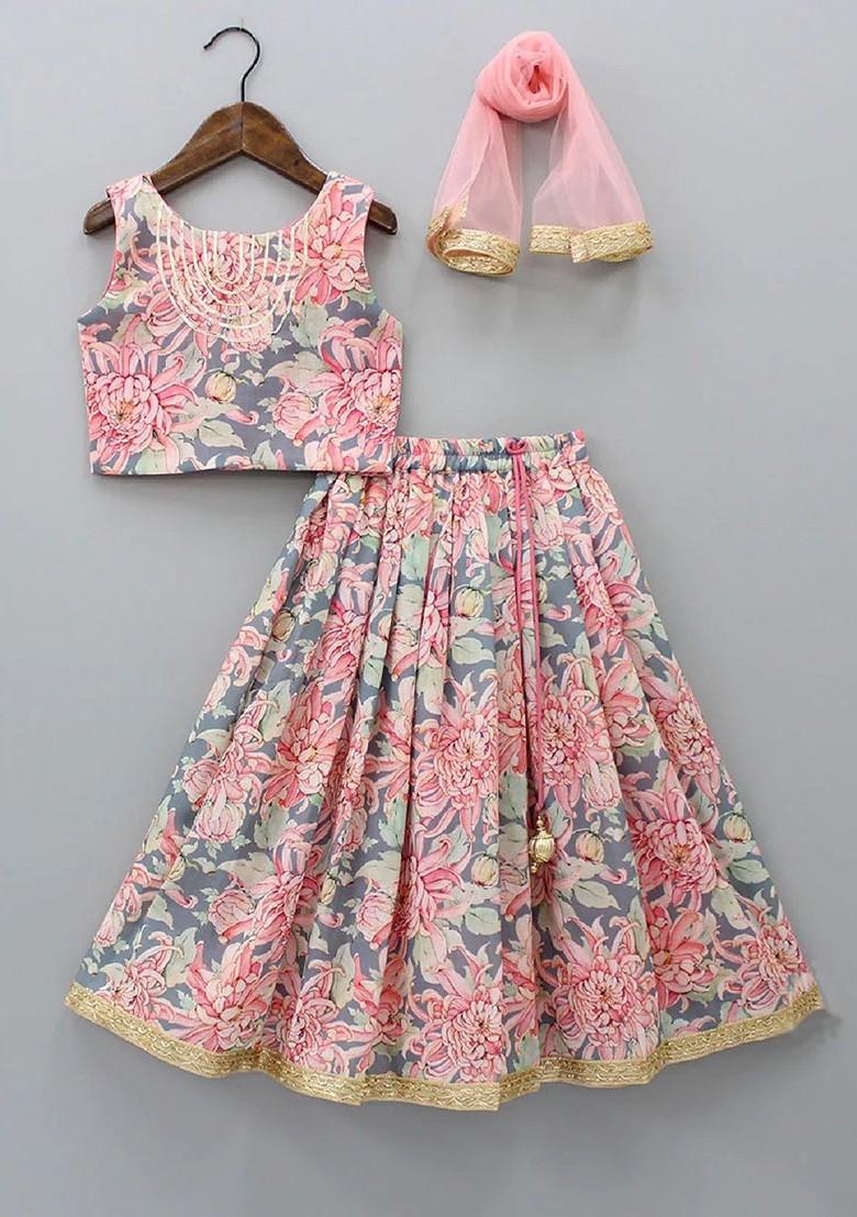 Pink Printed Blended Lehenga Choli For Girls - Indya