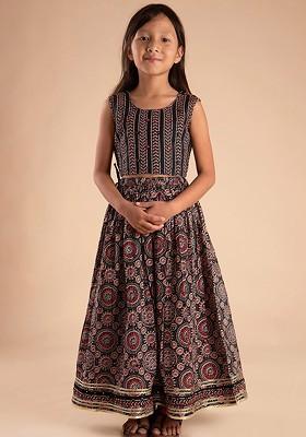Black Printed Cotton Blend Lehenga Choli For Girls