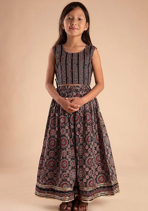 Black Printed Cotton Blend Lehenga Choli For Girls — view on Indya