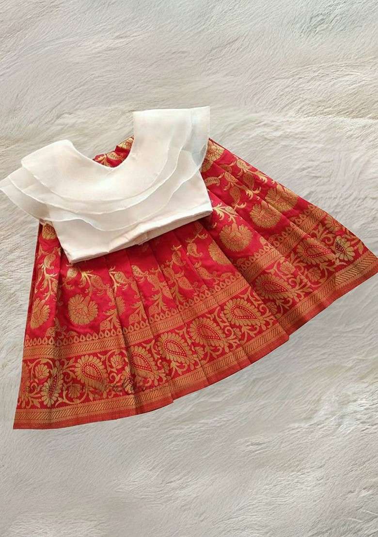 Off White Embroidered Blended Lehenga Choli For Girls - Indya