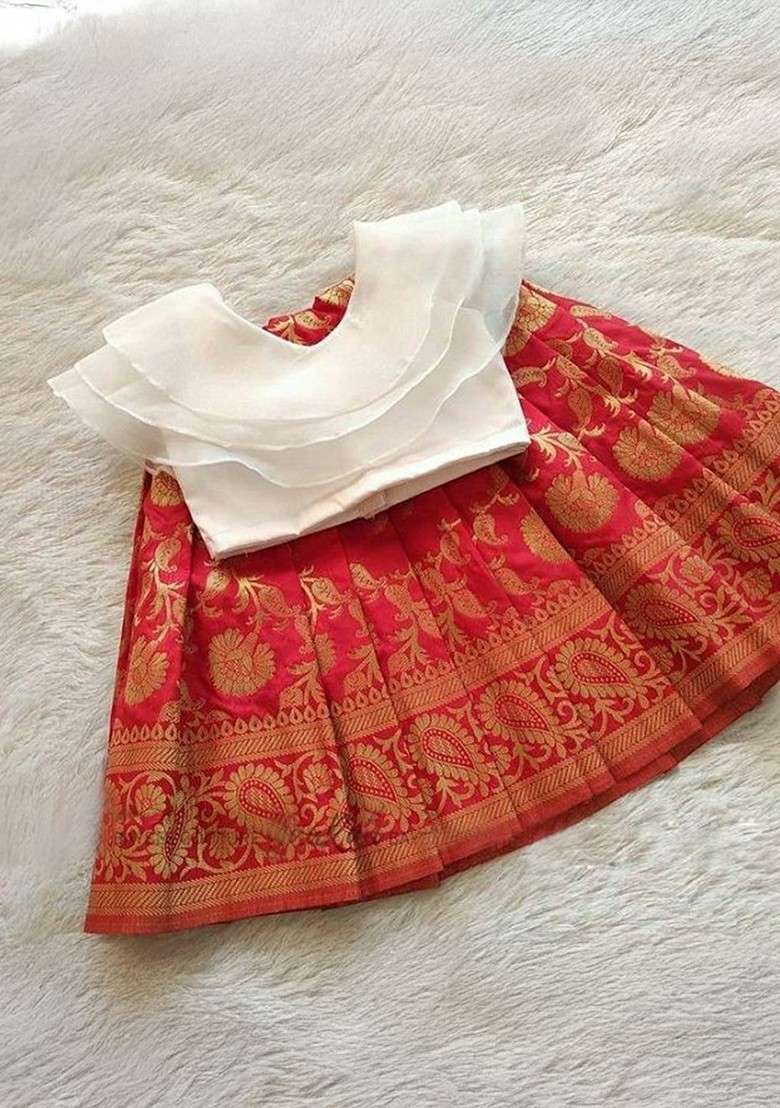 Off White Embroidered Blended Lehenga Choli For Girls - Indya