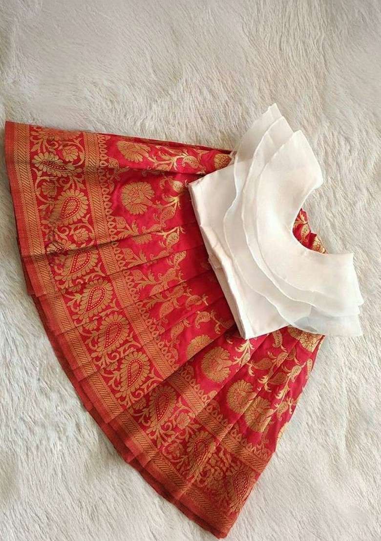 Off White Embroidered Blended Lehenga Choli For Girls - Indya