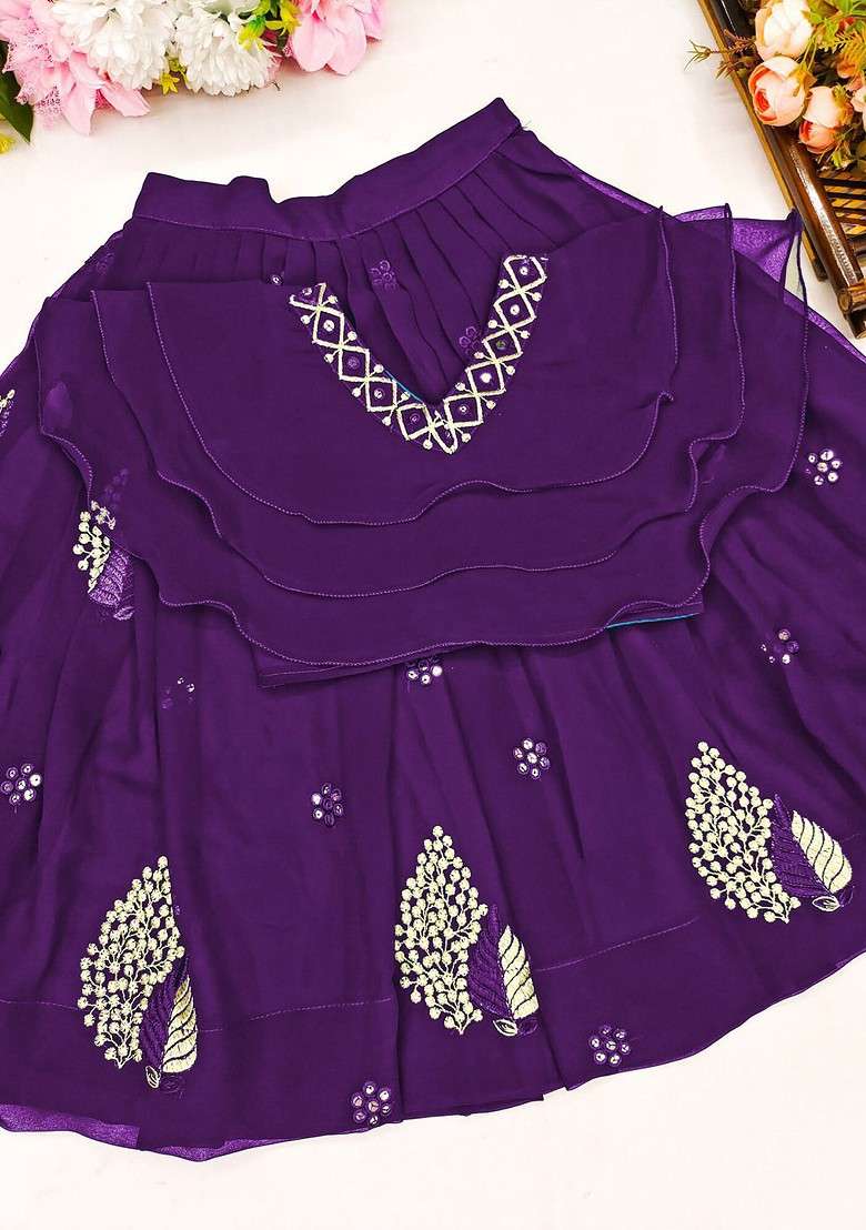 Violet Embellished Blended Lehenga Choli For Girls - Indya