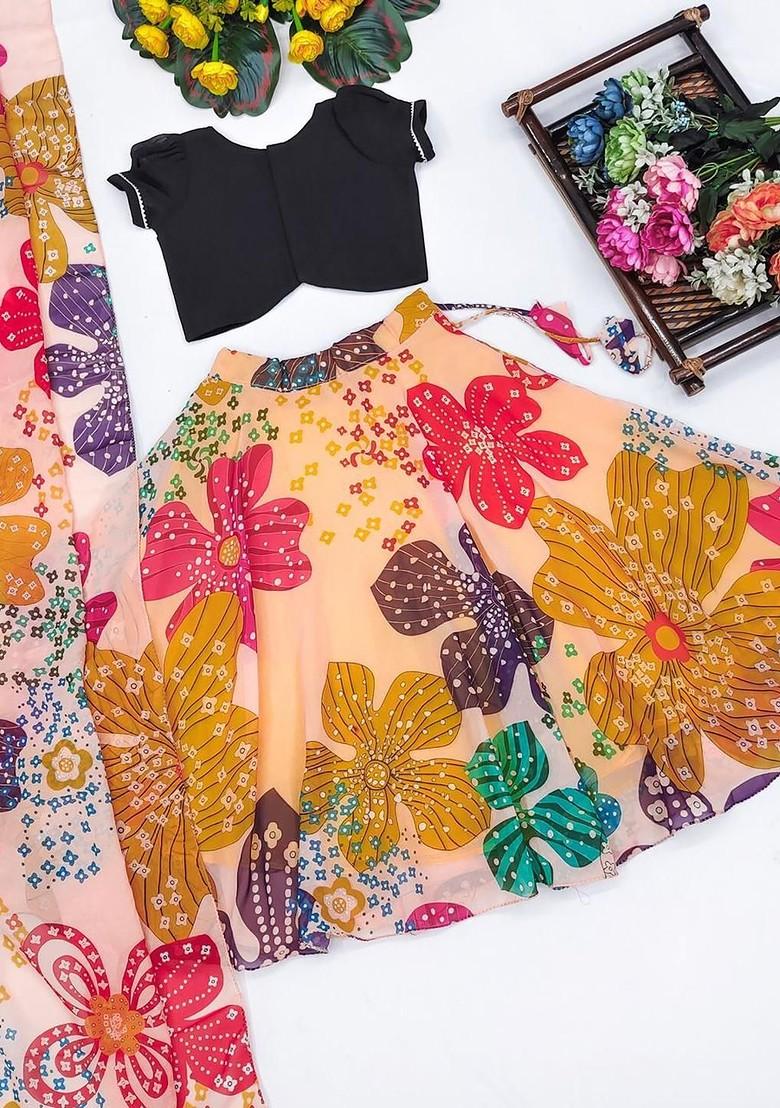 Black Embroidered Georgette Lehenga Choli For Girls - Indya