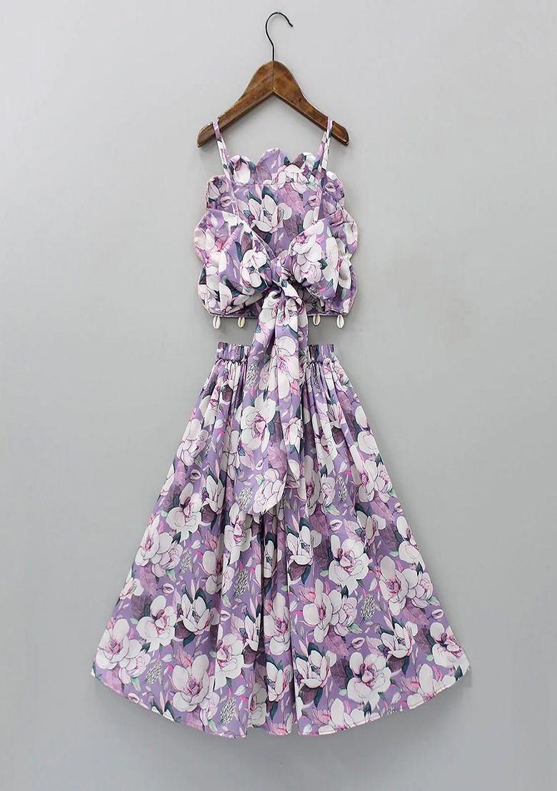 Purple Printed Blended Lehenga Choli For Girls - Indya