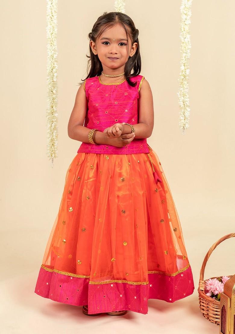 Orange Embroidered Blended Lehenga Choli For Girls - Indya