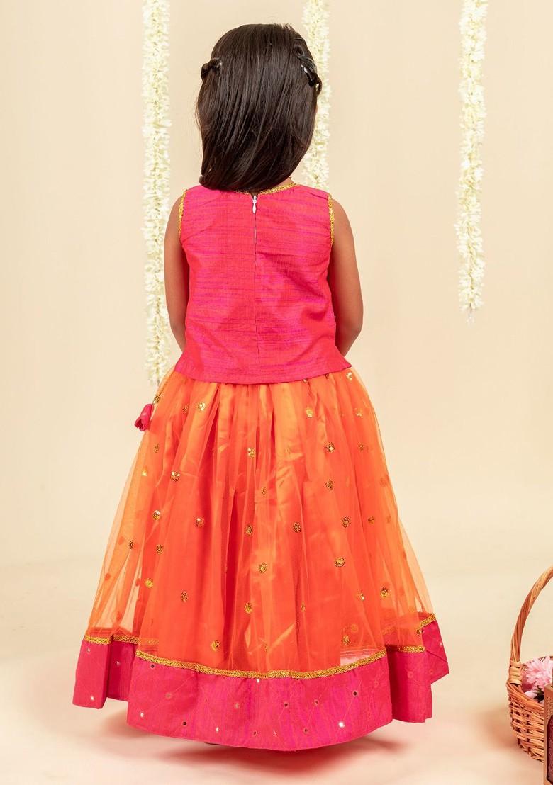 Orange Embroidered Blended Lehenga Choli For Girls - Indya