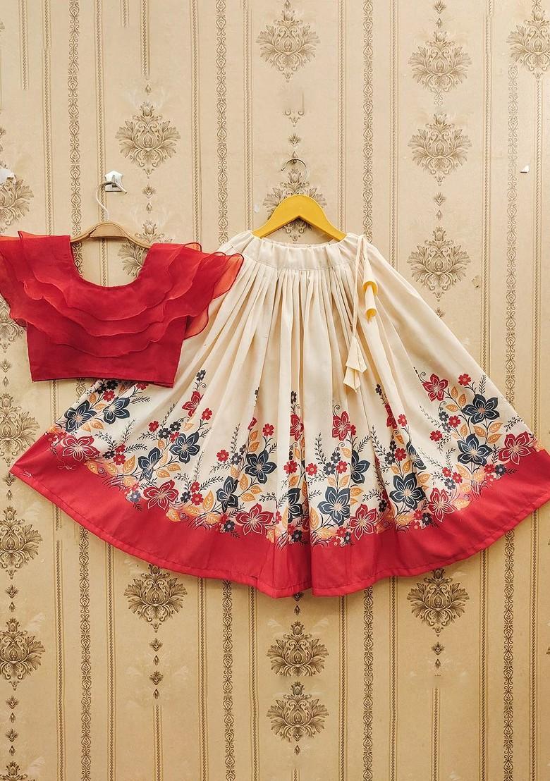Red Embroidered Cotton Blend Lehenga Choli For Girls - Indya